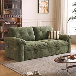 JASIWAY textured chenille sleeper sofa bed featuring a convertible folding design and functional pull-out loveseat mechanism, crafted with tufted cushions, cushioned armrests, built-in side storage pockets, and easy-pull straps, ideal for small spaces and living room furniture.-Three quarter view