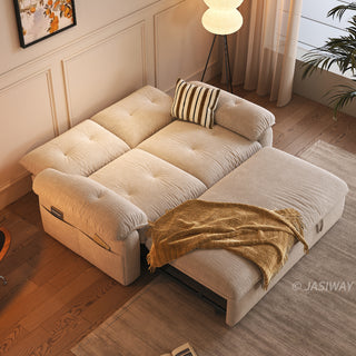 JASIWAY textured chenille sleeper sofa bed featuring a convertible folding design and functional pull-out loveseat mechanism, crafted with tufted cushions, cushioned armrests, built-in side storage pockets, and easy-pull straps, ideal for small spaces and living room furniture.-High-angle view with bed mode