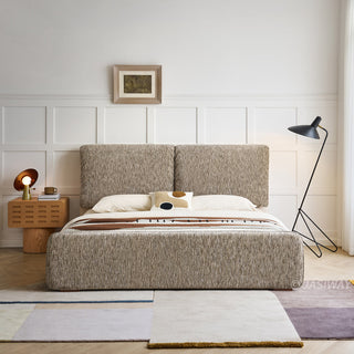 JASIWAY modern luxury upholstered platform bed frame featuring a curved wingback shelter headboard and premium textured chenille fabric upholstery in a neutral, multi-toned weave, available in queen and king sizes for high-end contemporary bedroom interiors.-Front view