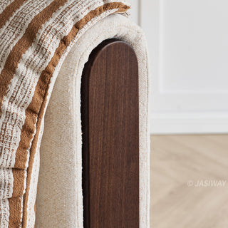 JASIWAY modern luxury upholstered platform bed frame featuring a curved wingback shelter headboard and premium textured chenille fabric upholstery in a neutral, multi-toned weave, available in queen and king sizes for high-end contemporary bedroom interiors.-Close-up of headboard top edge