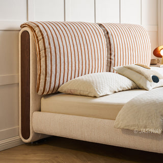 JASIWAY modern luxury upholstered platform bed frame featuring a curved wingback shelter headboard and premium textured chenille fabric upholstery in a neutral, multi-toned weave, available in queen and king sizes for high-end contemporary bedroom interiors.-Medium shot of headboard