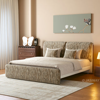 JASIWAY modern luxury upholstered platform bed frame featuring a curved wingback shelter headboard and premium textured chenille fabric upholstery in a neutral, multi-toned weave, available in queen and king sizes for high-end contemporary bedroom interiors.-Three quarter view