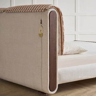 JASIWAY modern luxury upholstered platform bed frame featuring a curved wingback shelter headboard and premium textured chenille fabric upholstery in a neutral, multi-toned weave, available in queen and king sizes for high-end contemporary bedroom interiors.-Close-up of headboard back