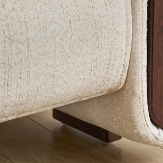 JASIWAY modern luxury upholstered platform bed frame featuring a curved wingback shelter headboard and premium textured chenille fabric upholstery in a neutral, multi-toned weave, available in queen and king sizes for high-end contemporary bedroom interiors.-Fabric texture