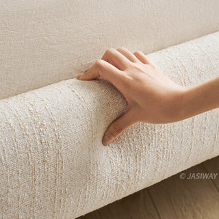 JASIWAY modern luxury upholstered platform bed frame featuring a curved wingback shelter headboard and premium textured chenille fabric upholstery in a neutral, multi-toned weave, available in queen and king sizes for high-end contemporary bedroom interiors.-Fabric texture