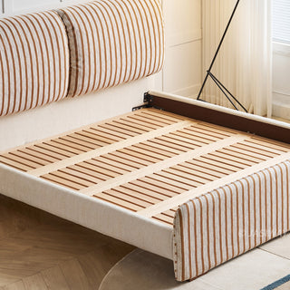 JASIWAY modern luxury upholstered platform bed frame featuring a curved wingback shelter headboard and premium textured chenille fabric upholstery in a neutral, multi-toned weave, available in queen and king sizes for high-end contemporary bedroom interiors.-Slat support system
