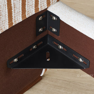 JASIWAY modern luxury upholstered platform bed frame featuring a curved wingback shelter headboard and premium textured chenille fabric upholstery in a neutral, multi-toned weave, available in queen and king sizes for high-end contemporary bedroom interiors.-Internal corner bracket hardware detail