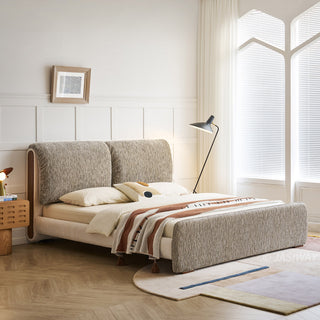 JASIWAY modern luxury upholstered platform bed frame featuring a curved wingback shelter headboard and premium textured chenille fabric upholstery in a neutral, multi-toned weave, available in queen and king sizes for high-end contemporary bedroom interiors.-Three quarter view
