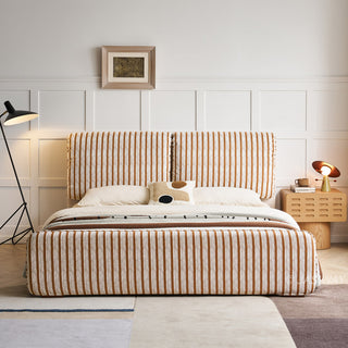 JASIWAY modern luxury upholstered platform bed frame featuring a curved wingback shelter headboard and premium textured chenille fabric upholstery in a neutral, multi-toned weave, available in queen and king sizes for high-end contemporary bedroom interiors.-Front view