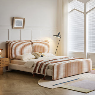 JASIWAY modern luxury upholstered platform bed frame featuring a curved wingback shelter headboard and premium textured chenille fabric upholstery in a neutral, multi-toned weave, available in queen and king sizes for high-end contemporary bedroom interiors.-Three quarter view