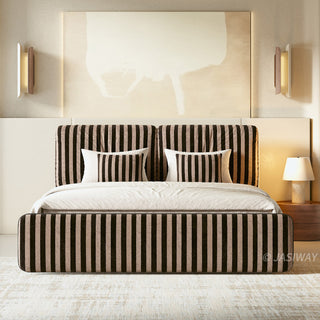JASIWAY modern luxury upholstered platform bed frame featuring a curved wingback shelter headboard and premium textured chenille fabric upholstery in a neutral, multi-toned weave, available in queen and king sizes for high-end contemporary bedroom interiors.-Front view