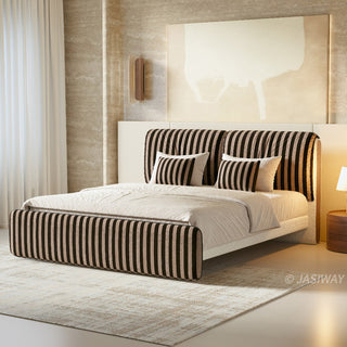 JASIWAY modern luxury upholstered platform bed frame featuring a curved wingback shelter headboard and premium textured chenille fabric upholstery in a neutral, multi-toned weave, available in queen and king sizes for high-end contemporary bedroom interiors.-Three quarter view