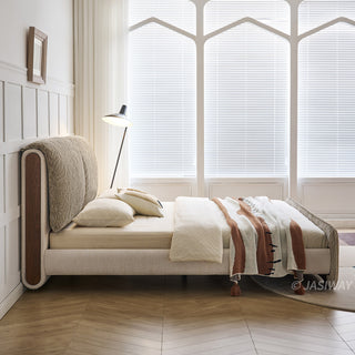 JASIWAY modern luxury upholstered platform bed frame featuring a curved wingback shelter headboard and premium textured chenille fabric upholstery in a neutral, multi-toned weave, available in queen and king sizes for high-end contemporary bedroom interiors.-Side view