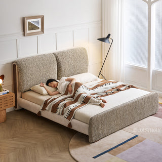 JASIWAY modern luxury upholstered platform bed frame featuring a curved wingback shelter headboard and premium textured chenille fabric upholstery in a neutral, multi-toned weave, available in queen and king sizes for high-end contemporary bedroom interiors.-High-angle view with model sleeping