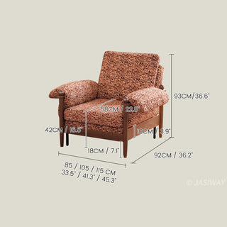JASIWAY convertible sleeper chair in chenille upholstery, featuring an ergonomic mid-century modern silhouette with solid walnut-finished wood arms and spherical finials, perfect for small space living and guest use.-Dimensions chart