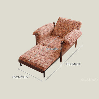JASIWAY convertible sleeper chair in chenille upholstery, featuring an ergonomic mid-century modern silhouette with solid walnut-finished wood arms and spherical finials, perfect for small space living and guest use.-Dimensions chart