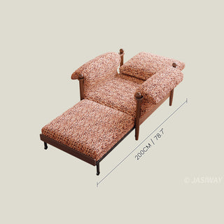 JASIWAY convertible sleeper chair in chenille upholstery, featuring an ergonomic mid-century modern silhouette with solid walnut-finished wood arms and spherical finials, perfect for small space living and guest use.-Dimensions chart