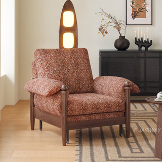JASIWAY convertible sleeper chair in chenille upholstery, featuring an ergonomic mid-century modern silhouette with solid walnut-finished wood arms and spherical finials, perfect for small space living and guest use.-Three-quarter view of sofa mode