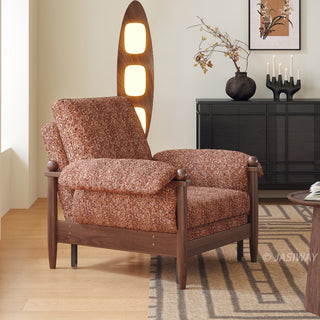 JASIWAY convertible sleeper chair in chenille upholstery, featuring an ergonomic mid-century modern silhouette with solid walnut-finished wood arms and spherical finials, perfect for small space living and guest use.-Diagonal view