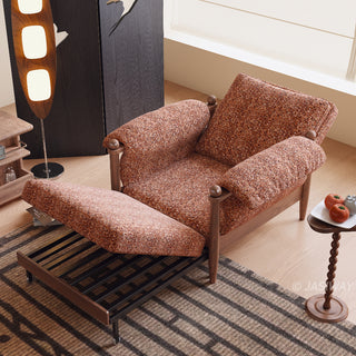 JASIWAY convertible sleeper chair in chenille upholstery, featuring an ergonomic mid-century modern silhouette with solid walnut-finished wood arms and spherical finials, perfect for small space living and guest use.-High-angle view of chaise mode