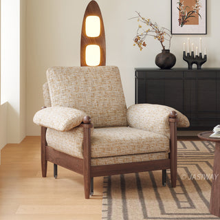 JASIWAY convertible sleeper chair in chenille upholstery, featuring an ergonomic mid-century modern silhouette with solid walnut-finished wood arms and spherical finials, perfect for small space living and guest use.-Three-quarter view