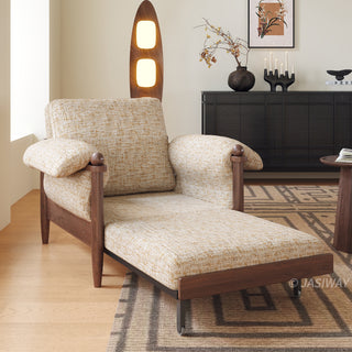 JASIWAY convertible sleeper chair in chenille upholstery, featuring an ergonomic mid-century modern silhouette with solid walnut-finished wood arms and spherical finials, perfect for small space living and guest use.-Three-quarter view of chaise mode