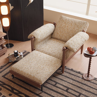 JASIWAY convertible sleeper chair in chenille upholstery, featuring an ergonomic mid-century modern silhouette with solid walnut-finished wood arms and spherical finials, perfect for small space living and guest use.-High-angle view of chaise mode