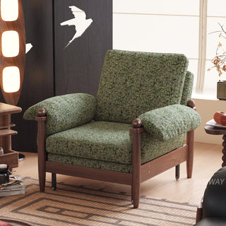 JASIWAY convertible sleeper chair in chenille upholstery, featuring an ergonomic mid-century modern silhouette with solid walnut-finished wood arms and spherical finials, perfect for small space living and guest use.-Three-quarter view