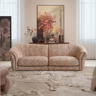 JASIWAY luxury curved chenille sofa featuring a structural biomorphic design, deep seat cushions, and premium textured multi-tonal chenille upholstery. This modern cloud couch showcases tailored rolled arms with integrated piping details and an organic, gently arched back silhouette.-Front view