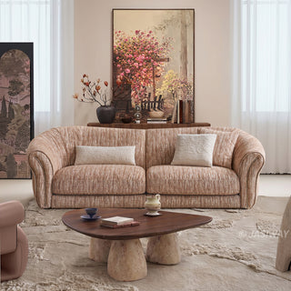 JASIWAY luxury curved chenille sofa featuring a structural biomorphic design, deep seat cushions, and premium textured multi-tonal chenille upholstery. This modern cloud couch showcases tailored rolled arms with integrated piping details and an organic, gently arched back silhouette.-Front view