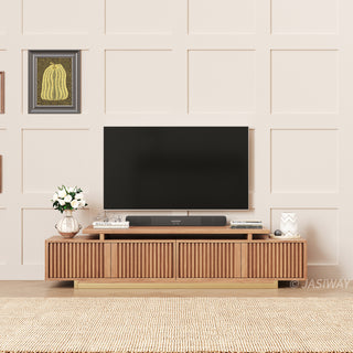 JASIWAY extendable media console featuring vertical fluted wood design two spacious side cabinets and a gold-finish recessed plinth base, shown in a low-profile architectural design with a telescopic adjustable top to accommodate TVs up to 85 inches.-Front view