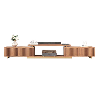 JASIWAY extendable media console featuring vertical fluted wood design two spacious side cabinets and a gold-finish recessed plinth base, shown in a low-profile architectural design with a telescopic adjustable top to accommodate TVs up to 85 inches.-Front studio shot