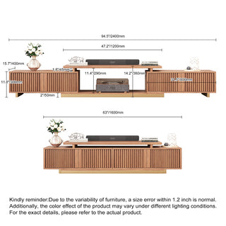 JASIWAY extendable media console featuring vertical fluted wood design two spacious side cabinets and a gold-finish recessed plinth base, shown in a low-profile architectural design with a telescopic adjustable top to accommodate TVs up to 85 inches.-Dimensions chart