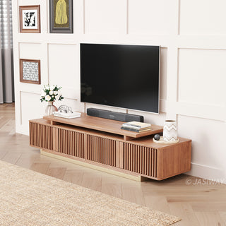 JASIWAY extendable media console featuring vertical fluted wood design two spacious side cabinets and a gold-finish recessed plinth base, shown in a low-profile architectural design with a telescopic adjustable top to accommodate TVs up to 85 inches.-High-angle view