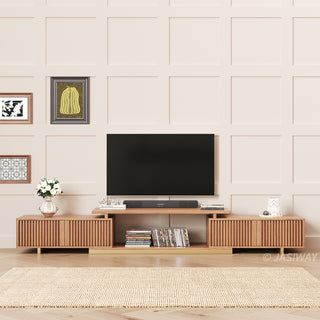 JASIWAY extendable media console featuring vertical fluted wood design two spacious side cabinets and a gold-finish recessed plinth base, shown in a low-profile architectural design with a telescopic adjustable top to accommodate TVs up to 85 inches.-Front view