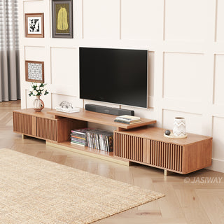 JASIWAY extendable media console featuring vertical fluted wood design two spacious side cabinets and a gold-finish recessed plinth base, shown in a low-profile architectural design with a telescopic adjustable top to accommodate TVs up to 85 inches.-High-angle view