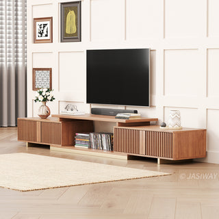 JASIWAY extendable media console featuring vertical fluted wood design two spacious side cabinets and a gold-finish recessed plinth base, shown in a low-profile architectural design with a telescopic adjustable top to accommodate TVs up to 85 inches.-Three-quarter view