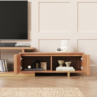 JASIWAY extendable media console featuring vertical fluted wood design two spacious side cabinets and a gold-finish recessed plinth base, shown in a low-profile architectural design with a telescopic adjustable top to accommodate TVs up to 85 inches.-Medium shot of cabinet open