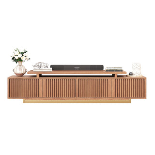 JASIWAY extendable media console featuring vertical fluted wood design two spacious side cabinets and a gold-finish recessed plinth base, shown in a low-profile architectural design with a telescopic adjustable top to accommodate TVs up to 85 inches.-Front studio shot