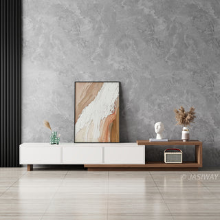 JASIWAY modern extendable TV stand featuring a sleek white faux marble top, including three spacious storage drawers and a versatile telescopic shelf that accommodates various living room.-Front view