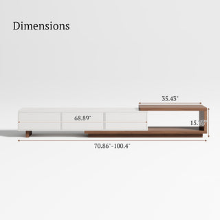 JASIWAY modern extendable TV stand featuring a sleek white faux marble top, including three spacious storage drawers and a versatile telescopic shelf that accommodates various living room.-Dimensions chart
