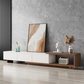 JASIWAY modern extendable TV stand featuring a sleek white faux marble top, including three spacious storage drawers and a versatile telescopic shelf that accommodates various living room.-Three-quarter view