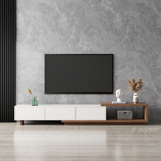 JASIWAY modern extendable TV stand featuring a sleek white faux marble top, including three spacious storage drawers and a versatile telescopic shelf that accommodates various living room.-Front view with TV