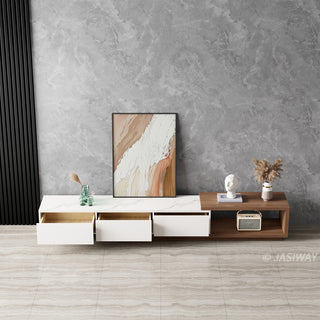 JASIWAY modern extendable TV stand featuring a sleek white faux marble top, including three spacious storage drawers and a versatile telescopic shelf that accommodates various living room.-High-angle view