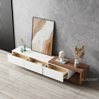JASIWAY modern extendable TV stand featuring a sleek white faux marble top, including three spacious storage drawers and a versatile telescopic shelf that accommodates various living room.-High-angle view with drawers open