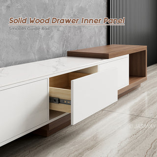 JASIWAY modern extendable TV stand featuring a sleek white faux marble top, including three spacious storage drawers and a versatile telescopic shelf that accommodates various living room.-Close-up of drawer detail