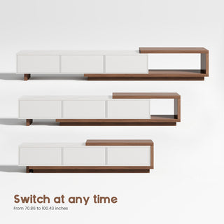 JASIWAY modern extendable TV stand featuring a sleek white faux marble top, including three spacious storage drawers and a versatile telescopic shelf that accommodates various living room.-Collage of showing extension range