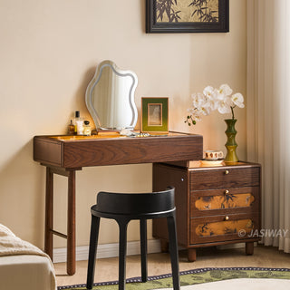 JASIWAY solid wood extendable vanity desk featuring a rich walnut-grain finish, a three-drawer side storage cabinet ,and a decorative tempered glass top, specifically engineered for luxury small-space interiors.-Three-quarter view