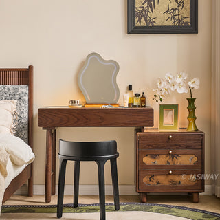 JASIWAY solid wood extendable vanity desk featuring a rich walnut-grain finish, a three-drawer side storage cabinet ,and a decorative tempered glass top, specifically engineered for luxury small-space interiors.-Front view