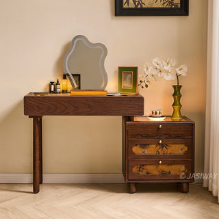JASIWAY solid wood extendable vanity desk featuring a rich walnut-grain finish, a three-drawer side storage cabinet ,and a decorative tempered glass top, specifically engineered for luxury small-space interiors.-Front view with lighting